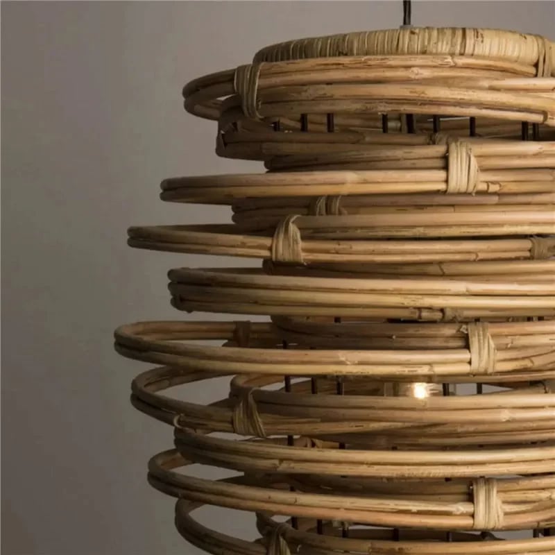 Round Japanese style pendant light hand woven in natural wicker