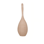 Japanese lantern style standing lamp with tight hand woven wicker slats on a wood base