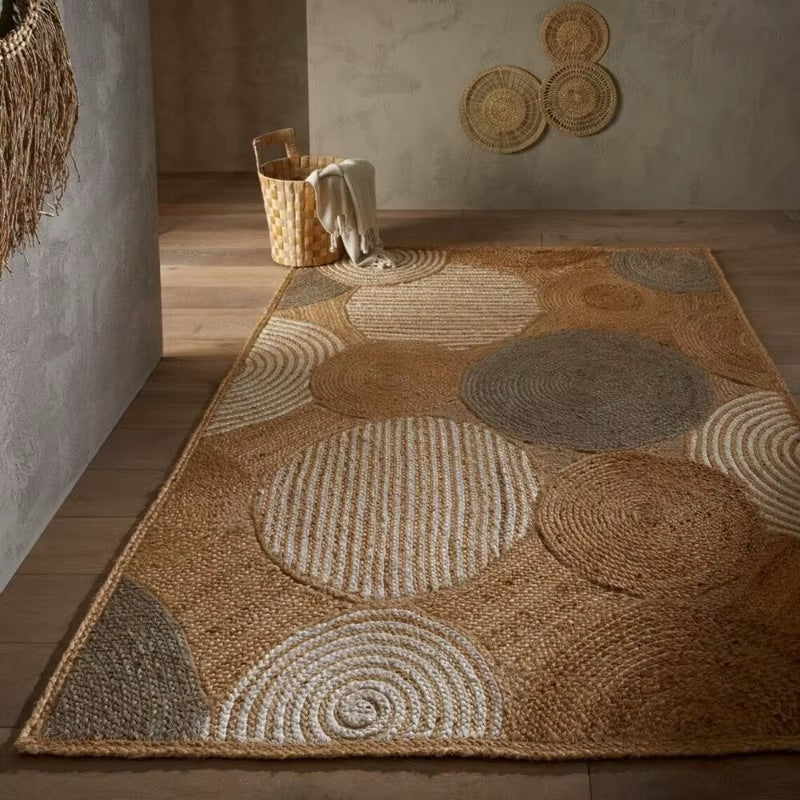 Rectangular jute rug with white and gray circle pattern