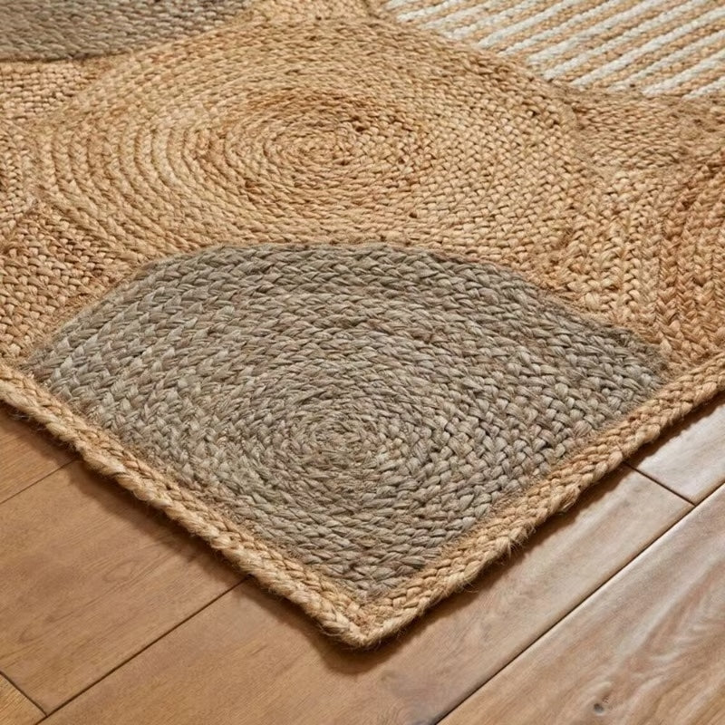 Rectangular jute rug with white and gray circle pattern