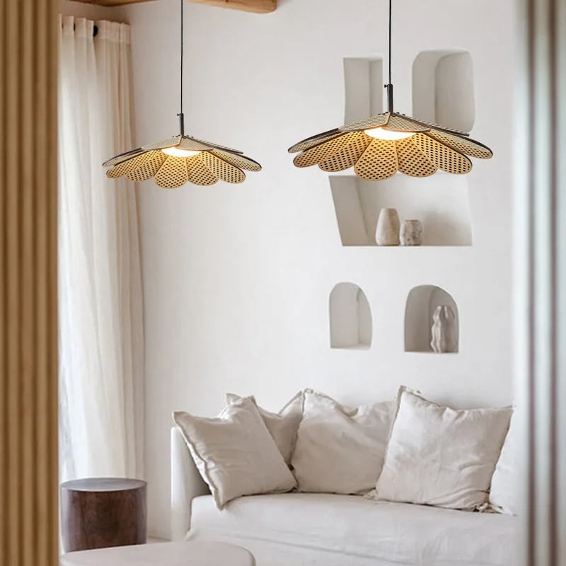 Korean style petal pendant light with beige wood petals opening like a flower