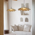 Korean style petal pendant light with beige wood petals opening like a flower