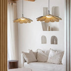 Korean style petal pendant light with beige wood petals opening like a flower
