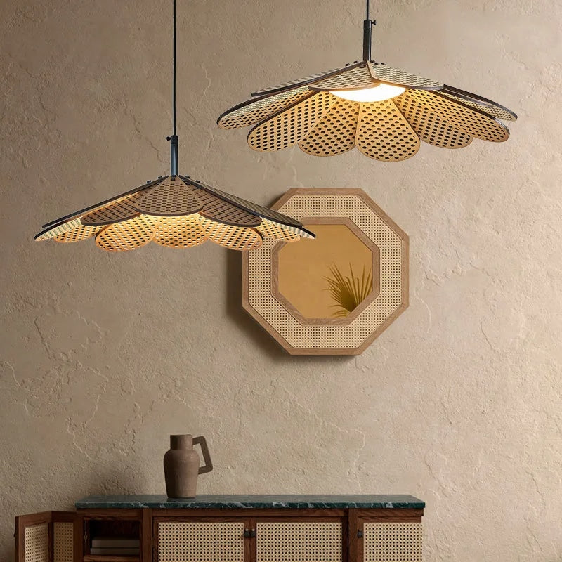 Korean style petal pendant light with beige wood petals opening like a flower