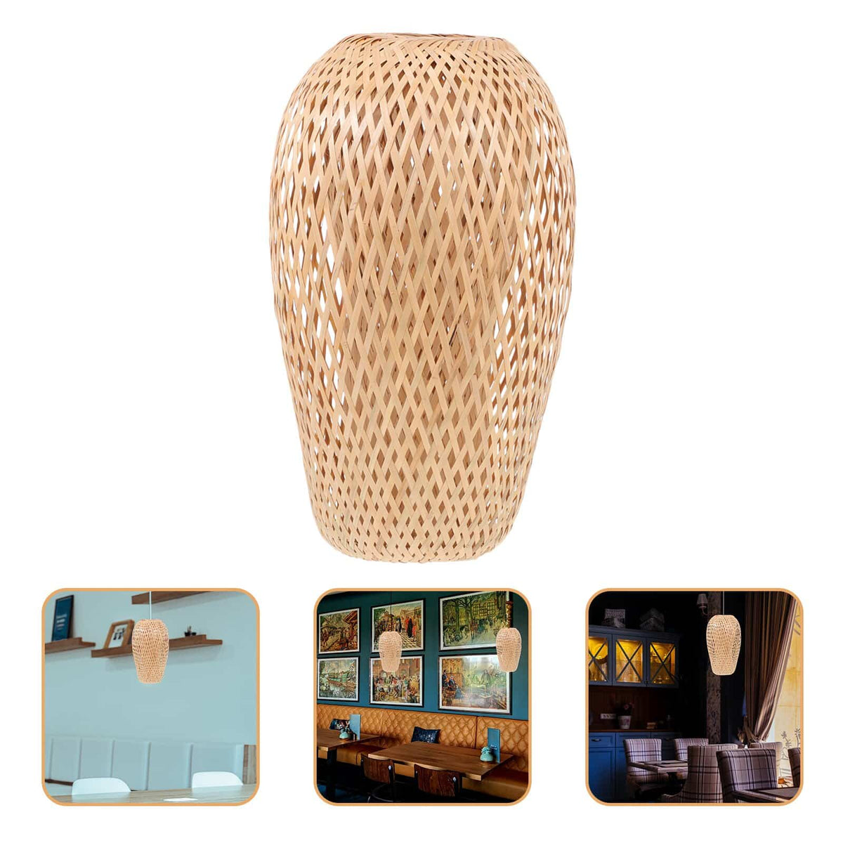 Tall lantern shaped lamp shade hand woven in natural rattan