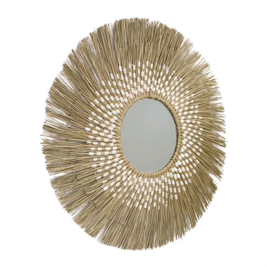 Large round mirror with a wide natural straw sunburst halo