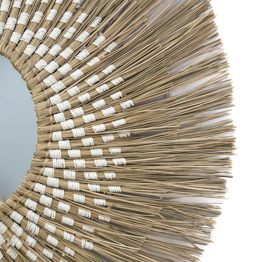Large round mirror with a wide natural straw sunburst halo