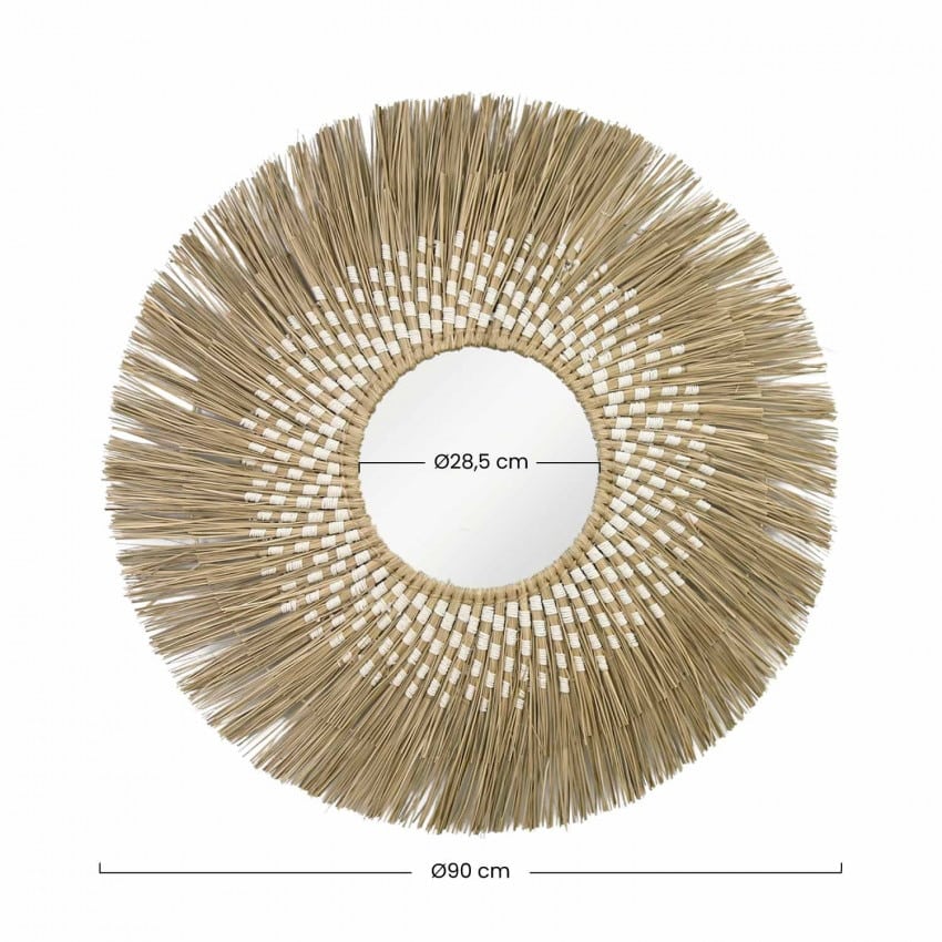 Large round mirror with a wide natural straw sunburst halo
