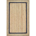 Large rectangular jute rug framed by thin navy lines