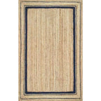 Large rectangular jute rug framed by thin navy lines