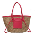 Large soft pink hand woven straw summer bag with two sturdy handles
