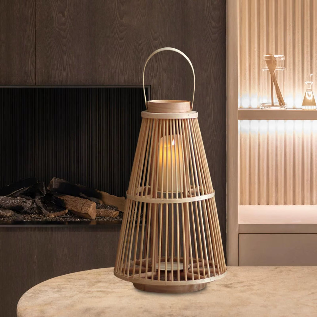Large retro hand woven bamboo and rattan candle lantern in natural beige