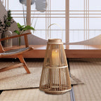 Large retro hand woven bamboo and rattan candle lantern in natural beige