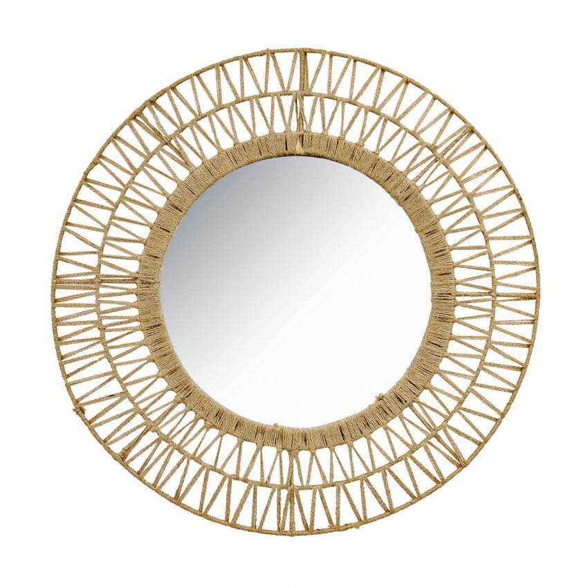 Large round mirror with geometric woven rattan frame