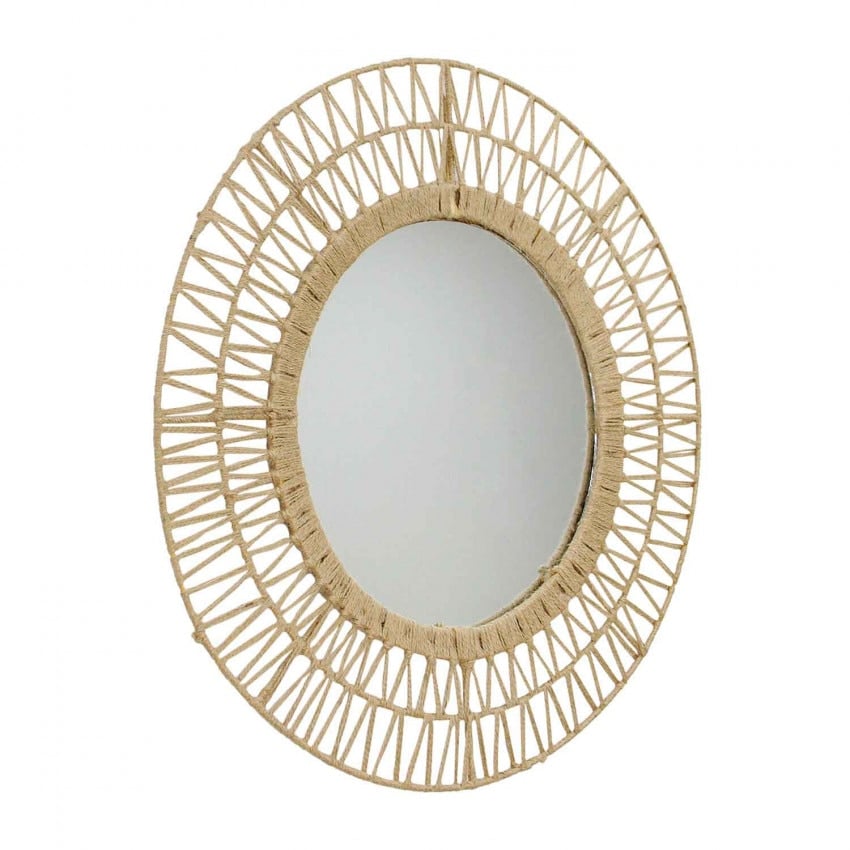 Large round mirror with geometric woven rattan frame