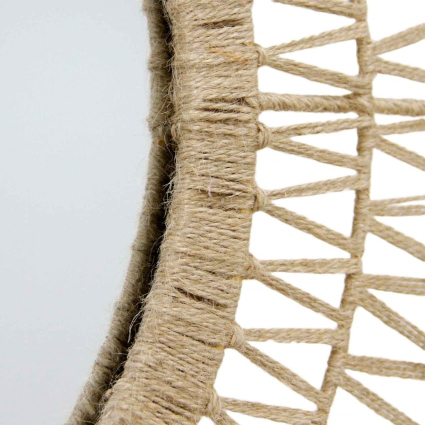 Large round mirror with geometric woven rattan frame