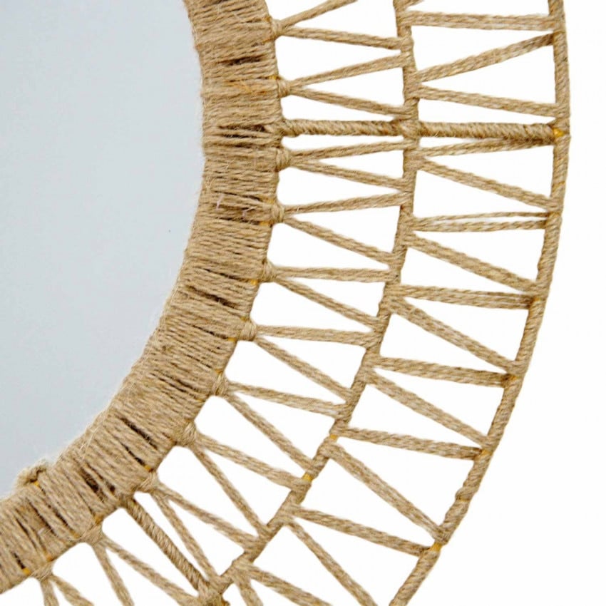 Large round mirror with geometric woven rattan frame