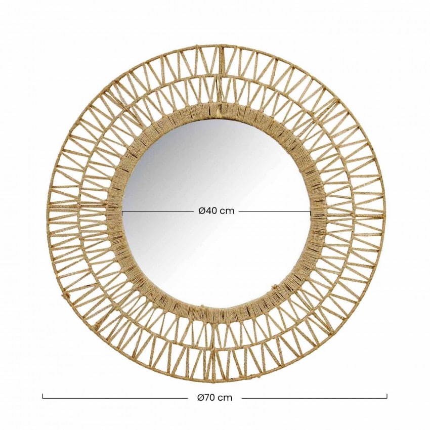 Large round mirror with geometric woven rattan frame