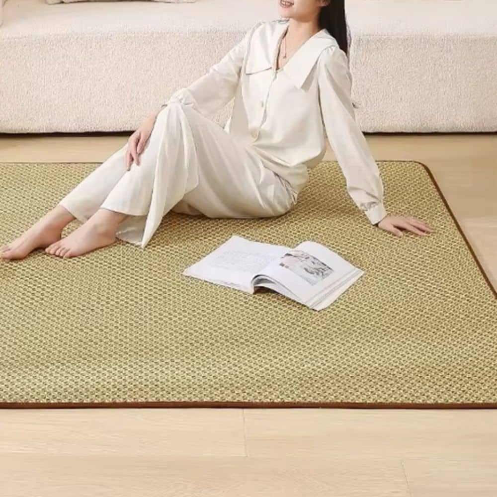 Large square patterned rattan mat in a bright living room