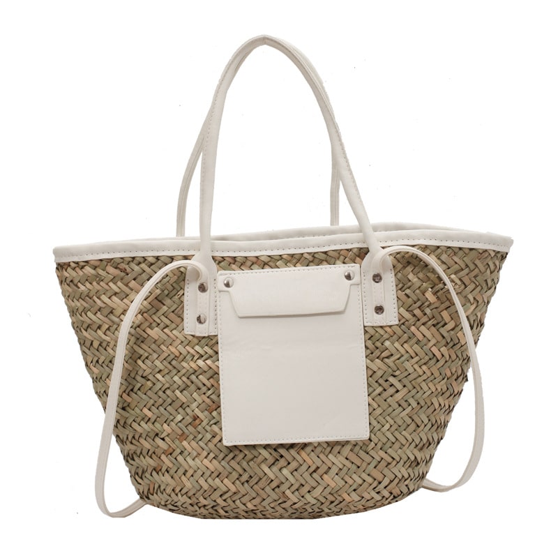 Large ivory white hand woven straw summer bag with two sturdy handles