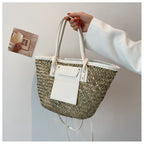 Large ivory white hand woven straw summer bag with two sturdy handles