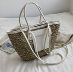 Large ivory white hand woven straw summer bag with two sturdy handles