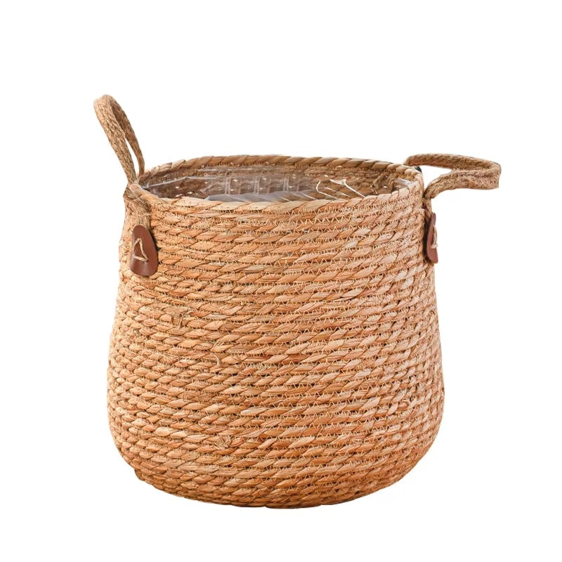 Large hand woven rattan floor planter with woven handles
