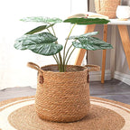 Large hand woven rattan floor planter with woven handles