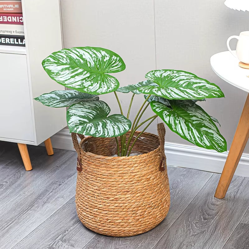 Large hand woven rattan floor planter with woven handles