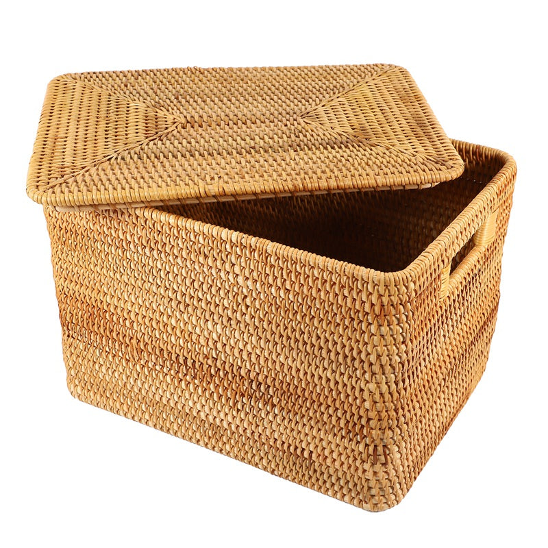 Woven rattan trunk with a removable lid and two side handles
