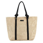 Large structured woven straw tote with sturdy handles and a fabric lining