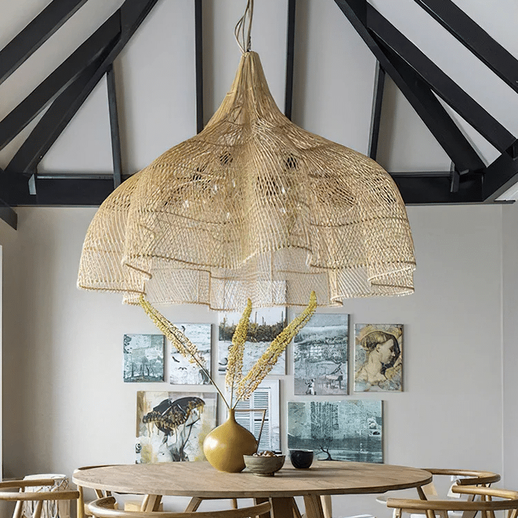 Large layered openwork rattan dome chandelier under a wooden roof