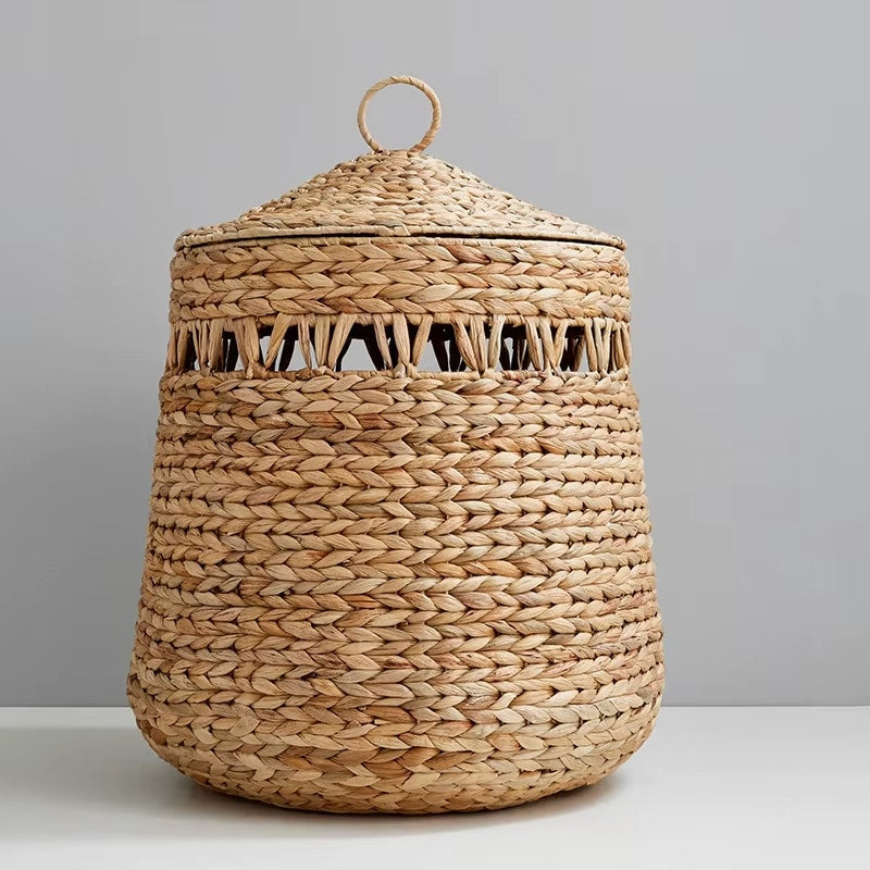 Large rounded woven rattan laundry basket with lid and knob