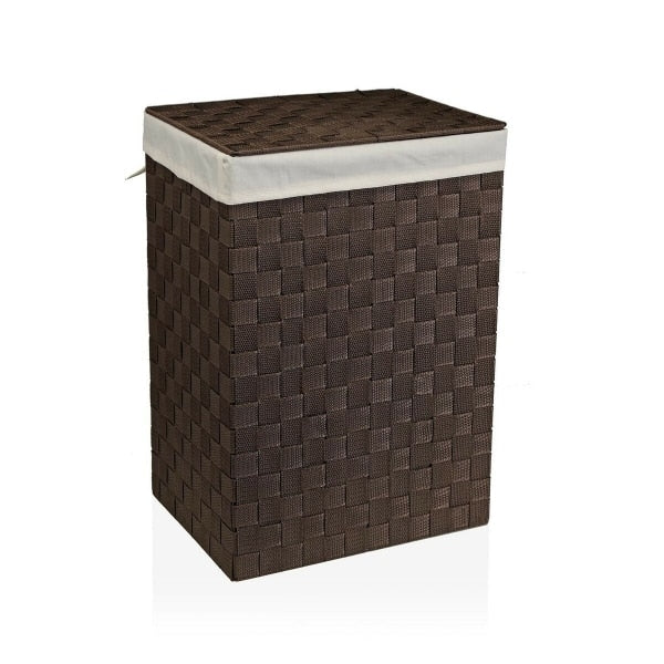 Tall dark brown woven laundry hamper with lid and liner