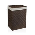 Tall dark brown woven laundry hamper with lid and liner