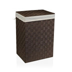 Tall dark brown woven laundry hamper with lid and liner