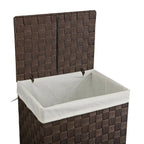 Tall dark brown woven laundry hamper with lid and liner