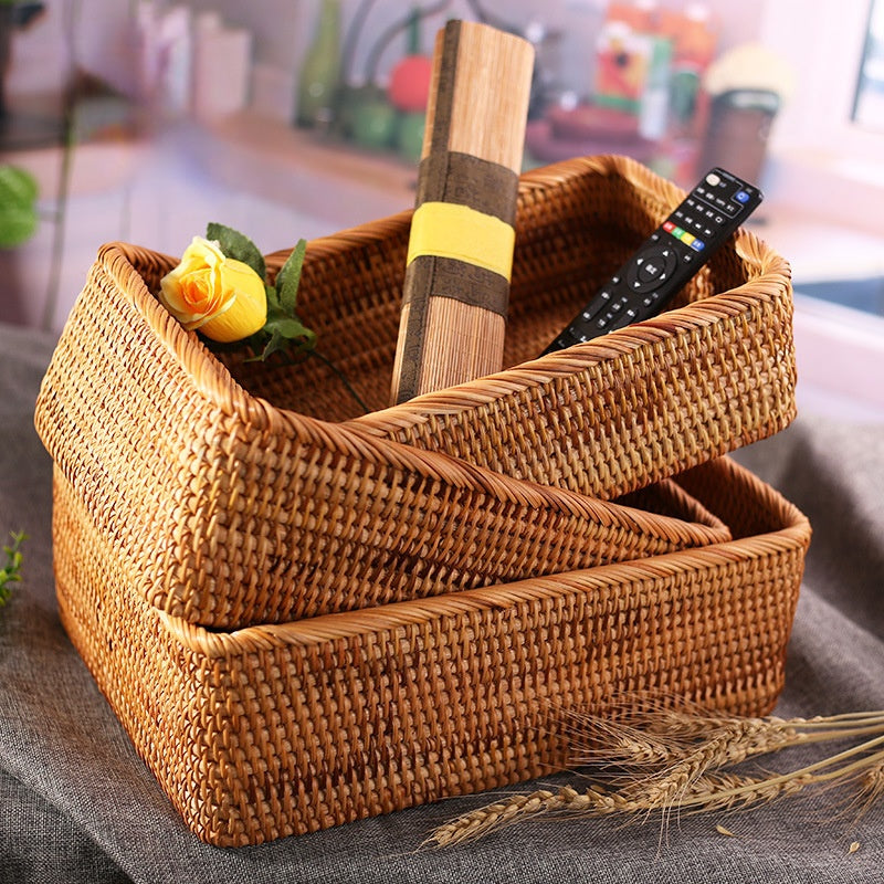 Hand woven natural rattan toy box with a fitted woven lid
