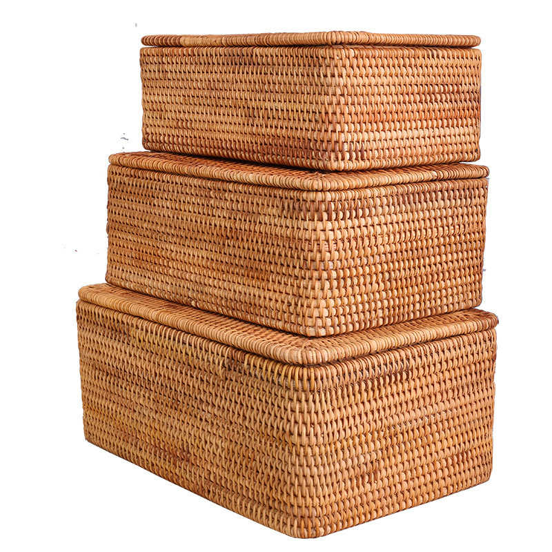 Hand woven natural rattan toy box with a fitted woven lid