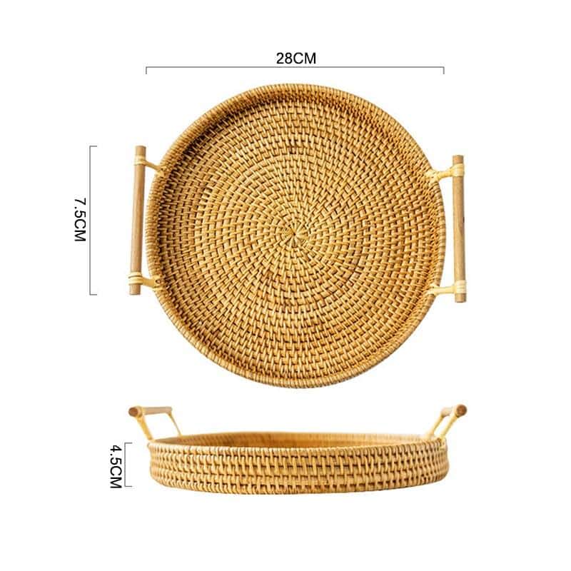 Round light beige rattan tray with wooden dowel handles