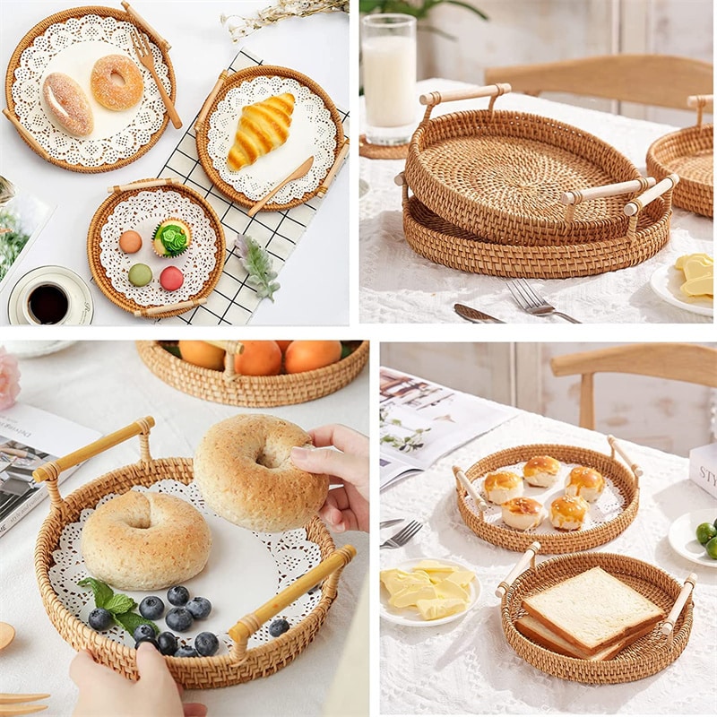Round light beige rattan tray with wooden dowel handles