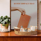 Round light beige rattan tray with wooden dowel handles