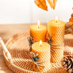Round light beige rattan tray with wooden dowel handles