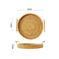 Round light beige rattan tray with wooden dowel handles