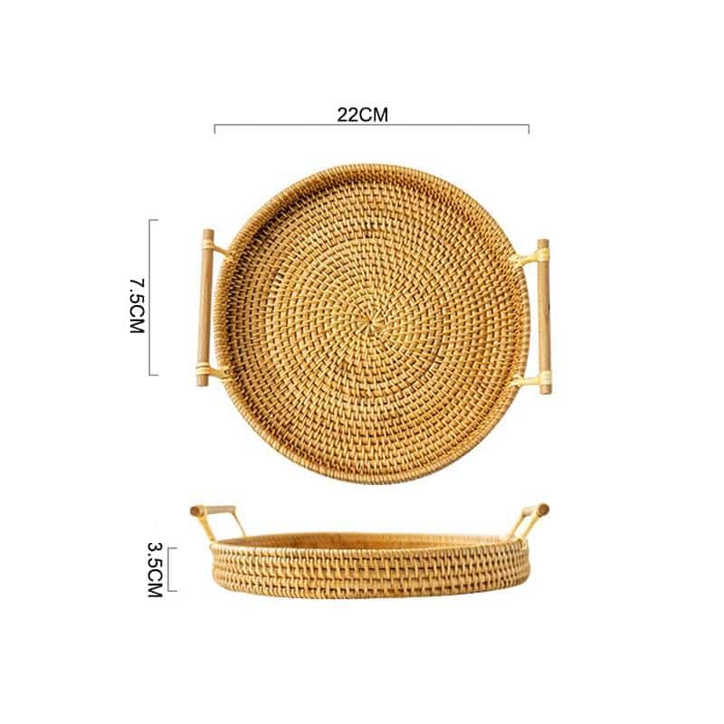 Round light beige rattan tray with wooden dowel handles