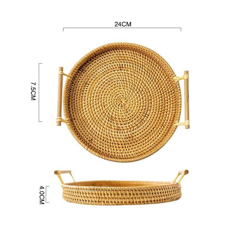 Round light beige rattan tray with wooden dowel handles