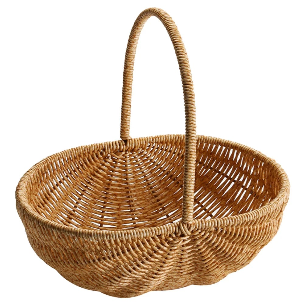 Round woven synthetic rattan basket with tall handle