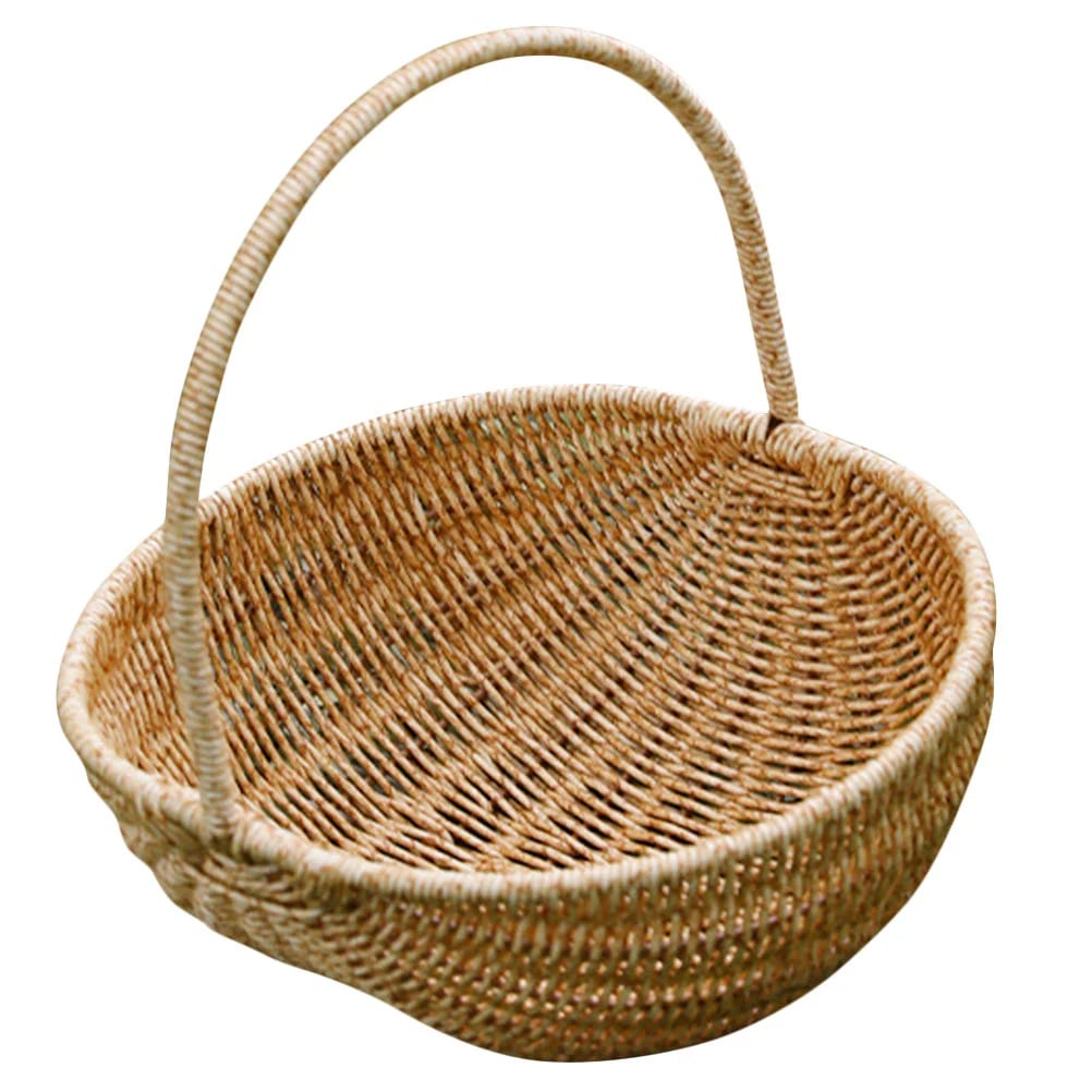 Round woven synthetic rattan basket with tall handle