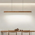 Slim linear chandelier in brown wood with an integrated LED strip