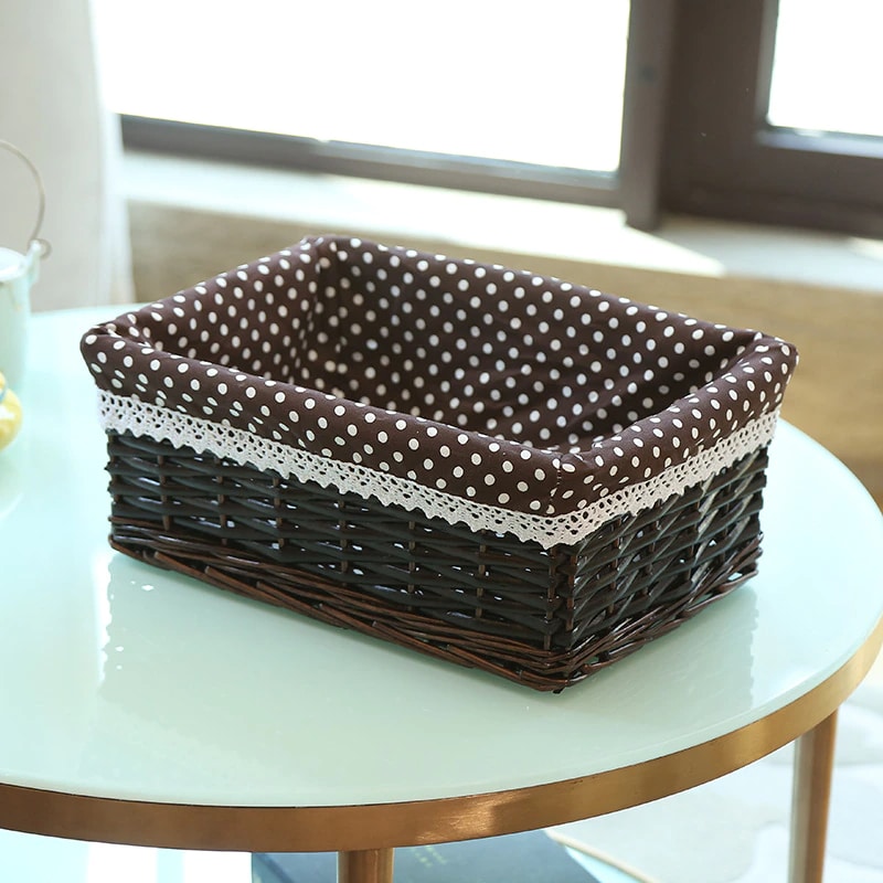 Rectangular wicker basket with red gingham cotton liner